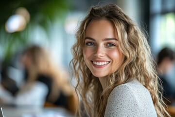 Smiling businesswoman discussing work with colleague in office, Generative AI