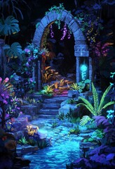 Wall Mural - a futuristic sci-fi landscape with pink, purple, and blue neon lights, horizontal beams, and glowing