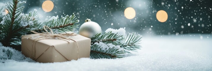 Poster - Snowy Christmas scene with a gift box and pine branches under soft light, creating a tranquil holiday atmosphere.