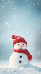 Poster - Cheerful snowman in a snowy setting with a forest backdrop, glowing with morning light.