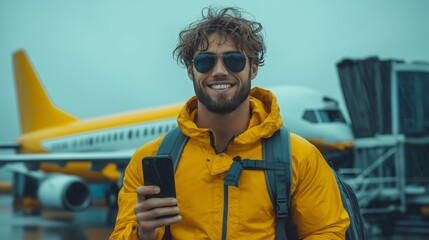 Young man in sunglasses taking selfie with smart mobile phone in front of airplane, travel lifestyle and vacation concept.