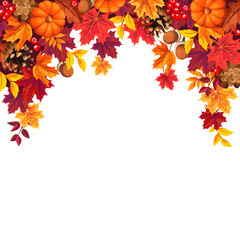 Wall Mural - Background frame with colorful autumn leaves and pumpkins. Vector decorative border