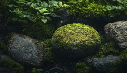 A round moss-covered stone, nestled in the forest floor surrounded by other...