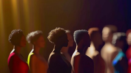 Poster - A group of 3D models representing diverse gender identities against a softly blurred theater stage, Signifying inclusivity in performing arts, photography style