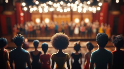 Poster - A group of 3D models representing diverse gender identities against a softly blurred theater stage, Signifying inclusivity in performing arts, photography style
