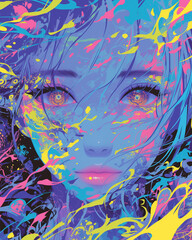 Wall Mural - woman's face painted in shades of blue and pink, caught in an explosion of abstract, neon brushstrokes