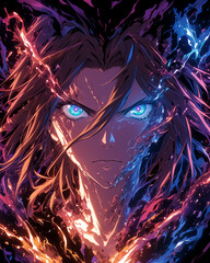 Wall Mural - male portrait set against a backdrop of dark cosmic energy, with eyes glowing blue amidst shadows and light