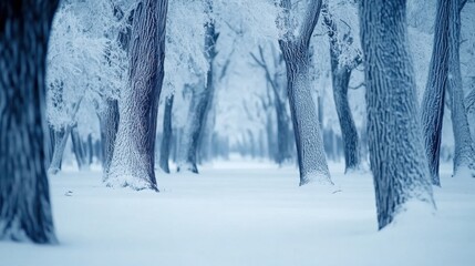 Poster - Snow-covered forest with frosty trees creates a serene winter wonderland, AI