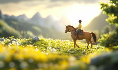 A rider on horseback in a field of wildflowers.