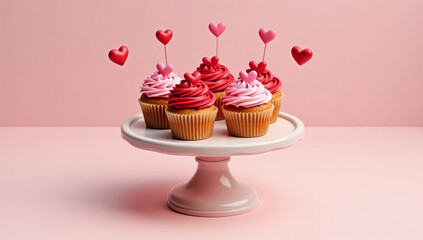 Wall Mural - Four pink and red frosted cupcakes topped with heart picks, arranged on a cake stand against a pink background. Ideal for Valentine's Day treats or romantic celebrations.