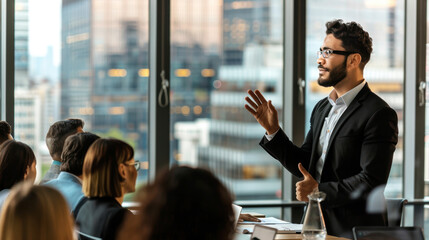 Marketing Executive Leading Presentation in Modern Boardroom with City Skyline Views