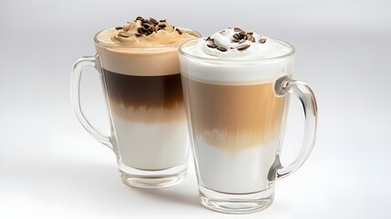 Two glasses of coffee with whipped cream and chocolate sprinkles.