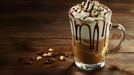 A tall glass of coffee with whipped cream and chocolate drizzle.