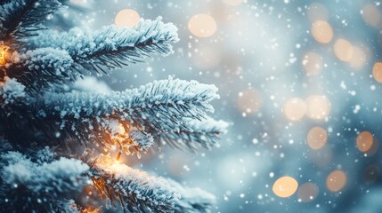 Poster - Frosty Christmas tree branches illuminated with warm lights, creating a festive atmosphere.