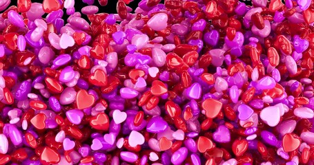Poster - Pink and red hearts falling and fill the screen. 3D animation on transparent background