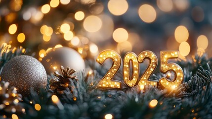 Poster - Golden 2025 numbers on a Christmas tree setting with soft focus lights in the background. Festive and glowing new year celebration.