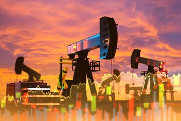 Oil business. Petroleum deposits. Oil production rate chart. Fluctuations in fuel company quotes. Oil pumps at sunset. Extraction petroleum from ground. Hydrocarbon deposits and evening sky. 3d image