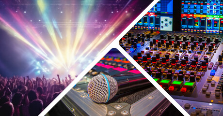 DJ mixing console. Musical equipment for parties. People in nightclub. Mixing console for controlling dance music. Equipment for music festival. DJ console and microphone. Art focus.