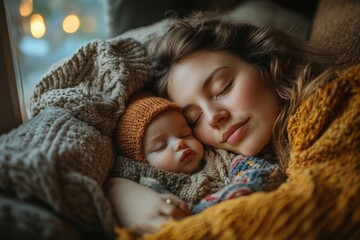 Mother sleeping on a couch with her baby on her, Generative AI