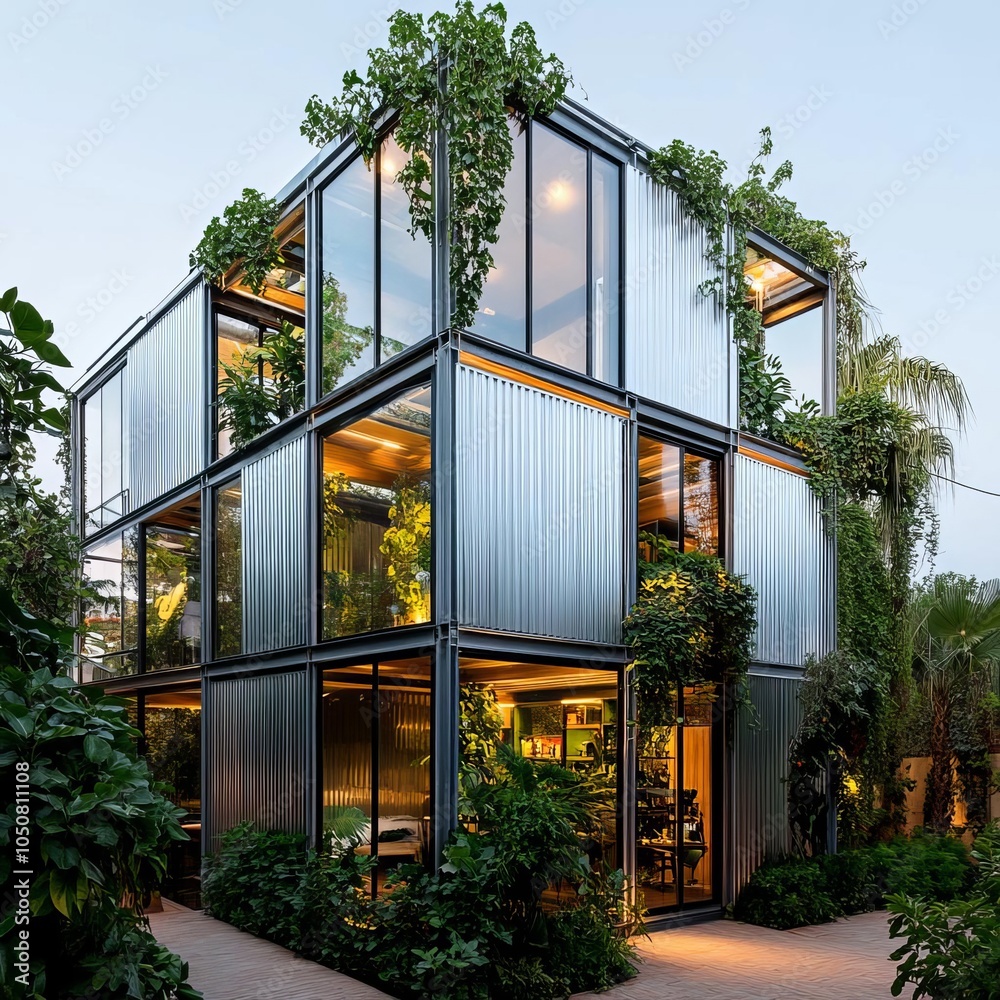 Urban eco-house with metal and glass exterior, vines trailing, greenery