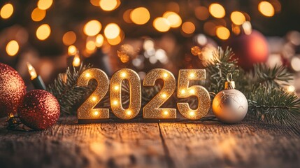 Poster - Intimate 2025 Christmas celebration scene with rustic decorations and soft lighting, ideal for seasonal greeting cards.