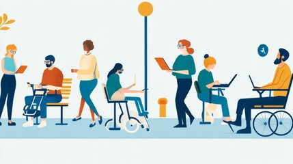 Aufkleber - A meaningful image of universal accessibility, showing a diverse group of individuals using various adaptive tools and devices in a public space