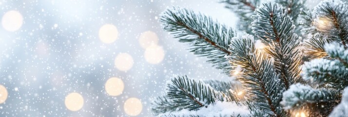 Poster - Wide panoramic view of evergreen branches with twinkling lights, ideal for festive season wallpapers.