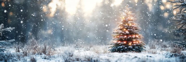 Poster - Snow-covered Christmas tree with glowing lights in a winter forest. Festive holiday atmosphere ideal for backgrounds or greeting cards.