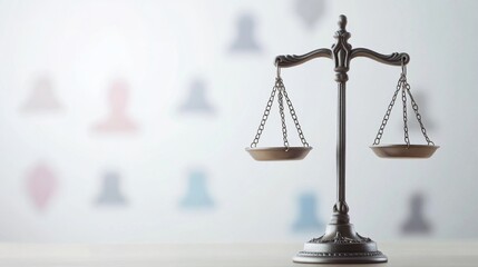 Poster - A minimalist composition of scales balancing diverse symbols of justice and inequality, Illustrating the quest for equity and fairness in legal systems, photography style