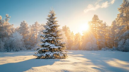 Aufkleber - Winter wonderland scene with a sunlit snowy forest and a solitary Christmas tree. Serene and beautiful holiday background.