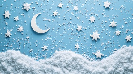 Poster - Serene Christmas scene with crescent moon and stars over snowy landscape. Perfect for festive greeting cards and backgrounds.