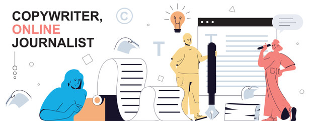 Leinwandbilder - Copywriter concept in flat cartoon design for web banner. People work as online journalists, writing articles and different texts, finding creative ides, making information posts. Vector illustration.