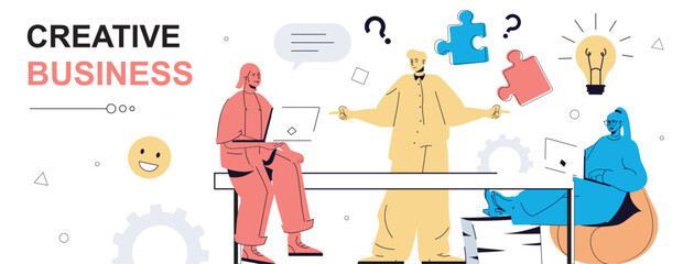 Poster - creative business concept in flat cartoon design for web banner. people thinking and finding best so