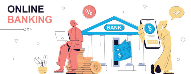 Poster - online banking concept in flat cartoon design for web banner. people managing financial accounts fro