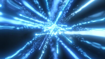 Poster - A dazzling burst of bright blue light particles extending outward in all directions, evoking a sense of energy, motion, and the vastness of space in an abstract digital form