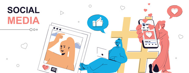 Leinwandbilder - Social media concept in flat cartoon design for web banner. People networking, communicating online, making posts with photos, sharing digital information in chats and groups. Vector illustration.