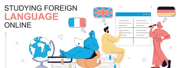 Fototapete - Studying foreign language online concept in flat cartoon design for web banner. People learning english, french, german at online course, talk with natives, work with vocabulary. Vector illustration.
