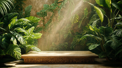 Wooden bench with a carved design, situated in a room filled with lush greenery.