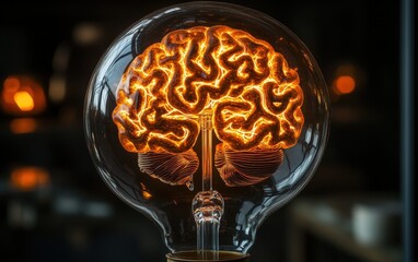 Close-up of a vintage incandescent light bulb with a unique twist: instead of a traditional tungsten filament, theres a glowing filament shaped like a human brain