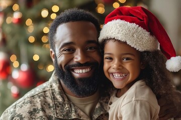 Happy military dad spending Christmas with his children, Generative AI