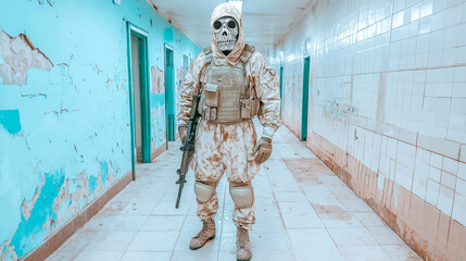 Mercenary with frightening skull mask in abandoned building