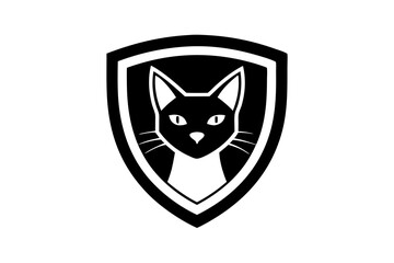 Logo of cat inside a shield in modern and simple style on white background.