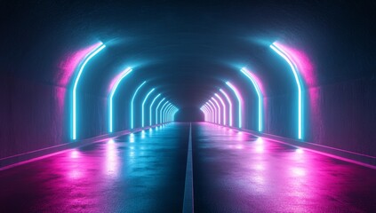 Poster - A 3D rendering of futuristic neon lights into a digital technology tunnel. The background has lines representing networks, big data, servers, internet and speed.
