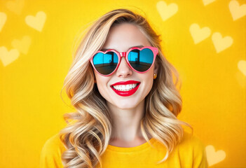 Portrait of a young blonde girl in heart-shaped glasses on a yellow background