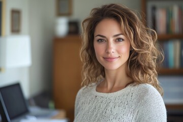 Attractive woman working from home office, Generative AI