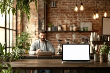 Hand woman using laptop with white background with contact information on desk at coffee shop. Marketing and creative design mockup.