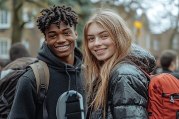 Wall Mural - Young people walking outside after class, Generative AI