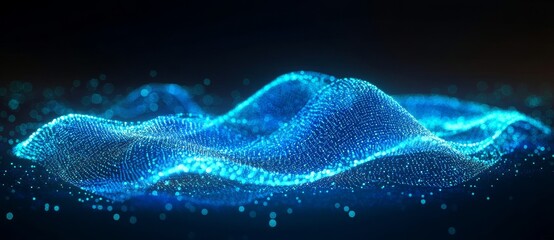 Poster - An abstract wave with moving dots and lines. Particle flow illustration. Three-dimensional rendering of cyber technology.