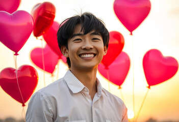 Portrait of happy man with heart shaped balloons. Valentine's day concept