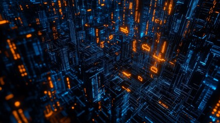 The blockchain concept. Of large data binary codes and future information technologies, with data flow. The concept depicts interconnected blocks of data in the form of a cryptocurrency blockchain. A
